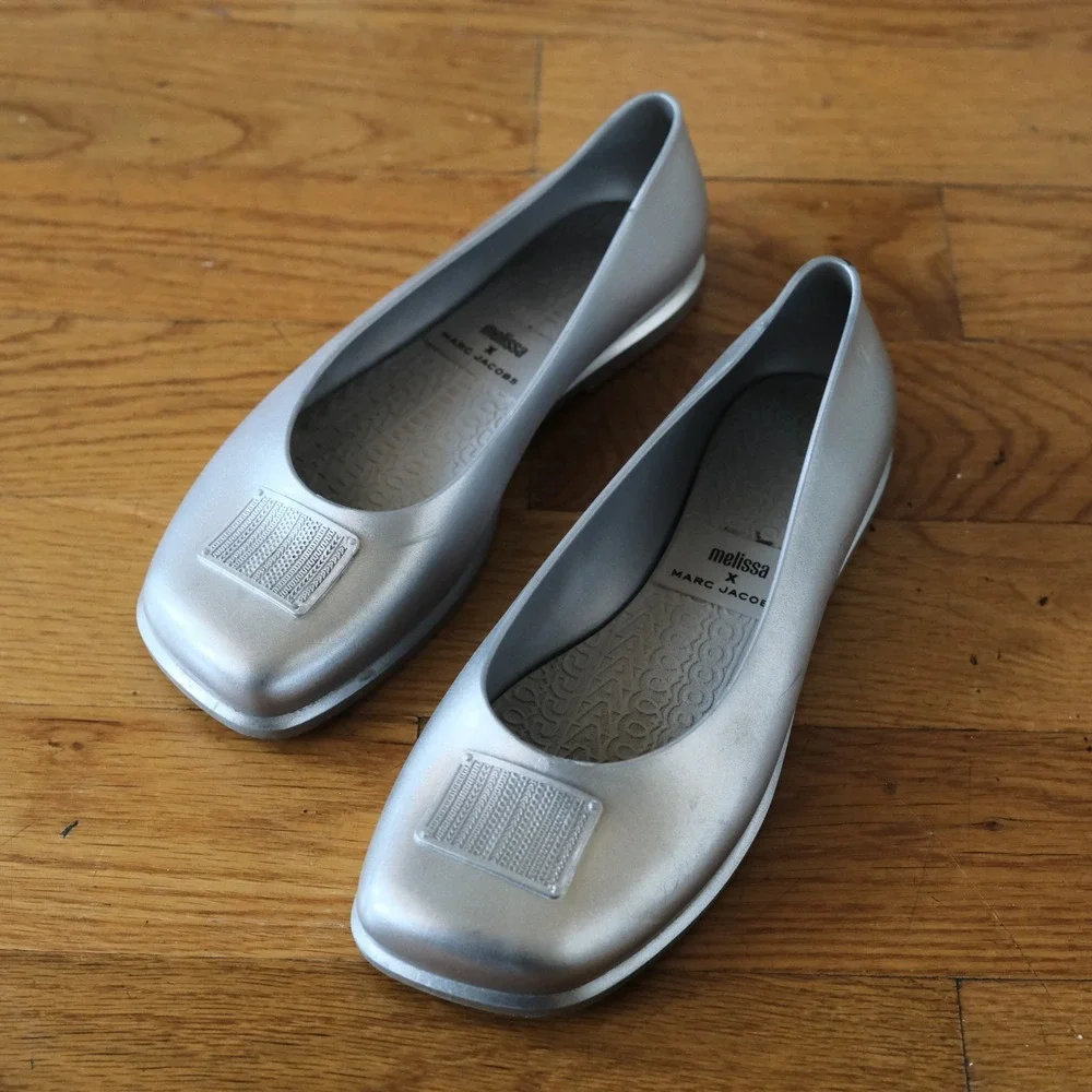 Marc Jacobs Melissa Ruby Ballerina Flats Silver Square Toe Melflex Shoes Size 9